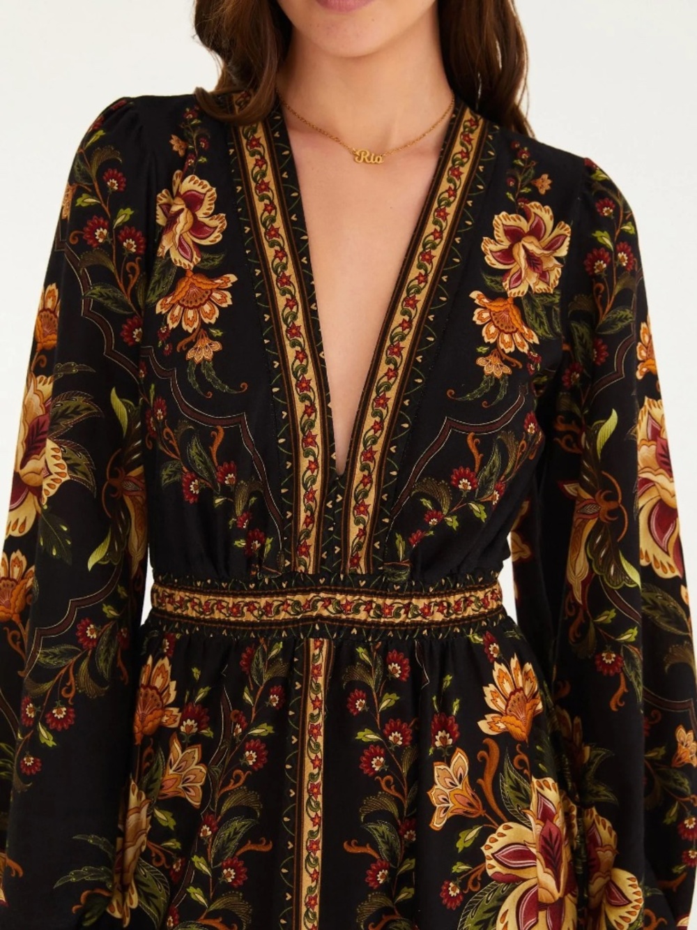 FARM Rio Majestic Garden Black Cropped Dress Deep V Long Puff Sleeve Sz [S] NWT - Picture 3 of 4